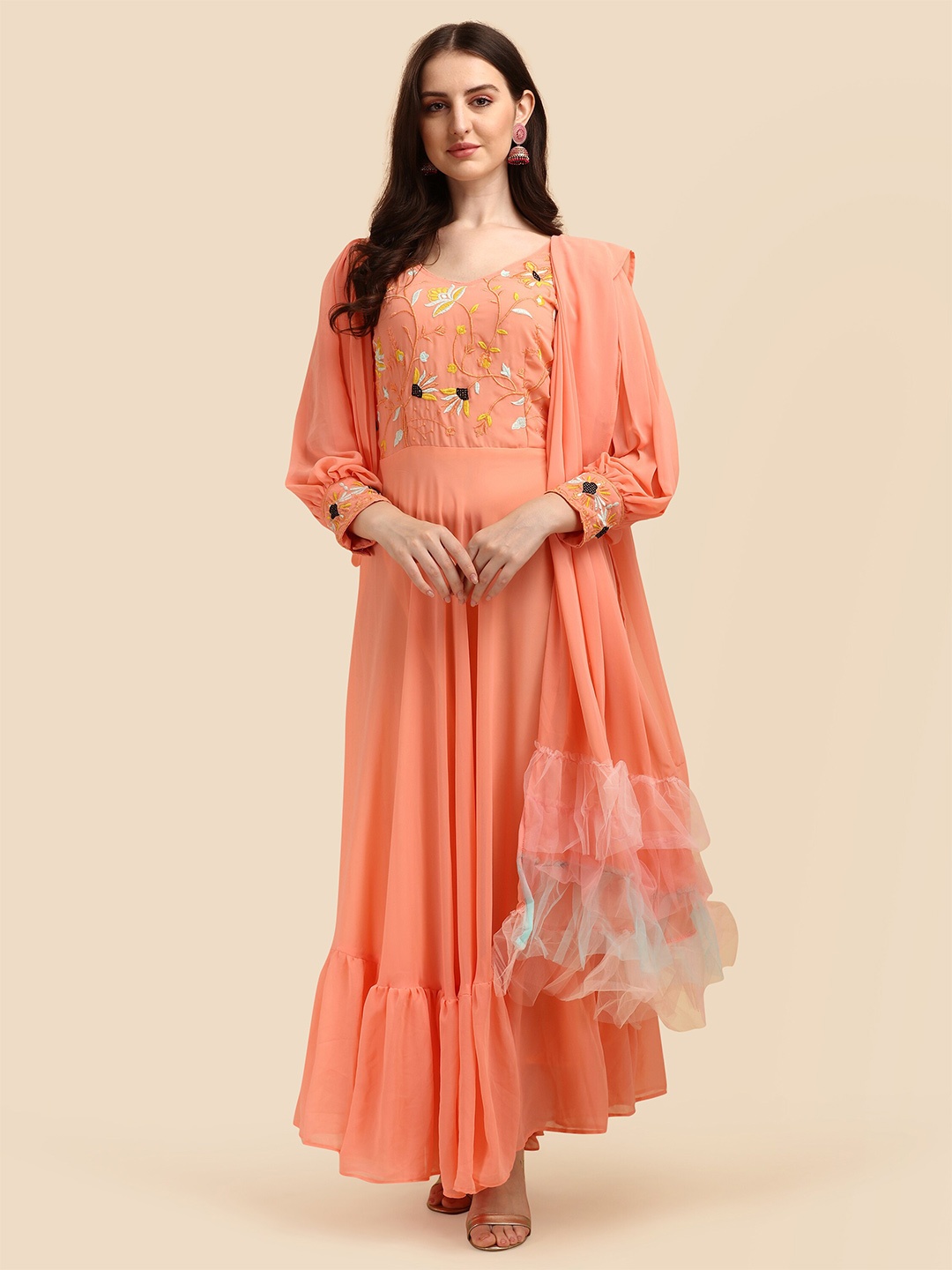 

Vidraa Western Store Peach-Coloured Floral Georgette Dress