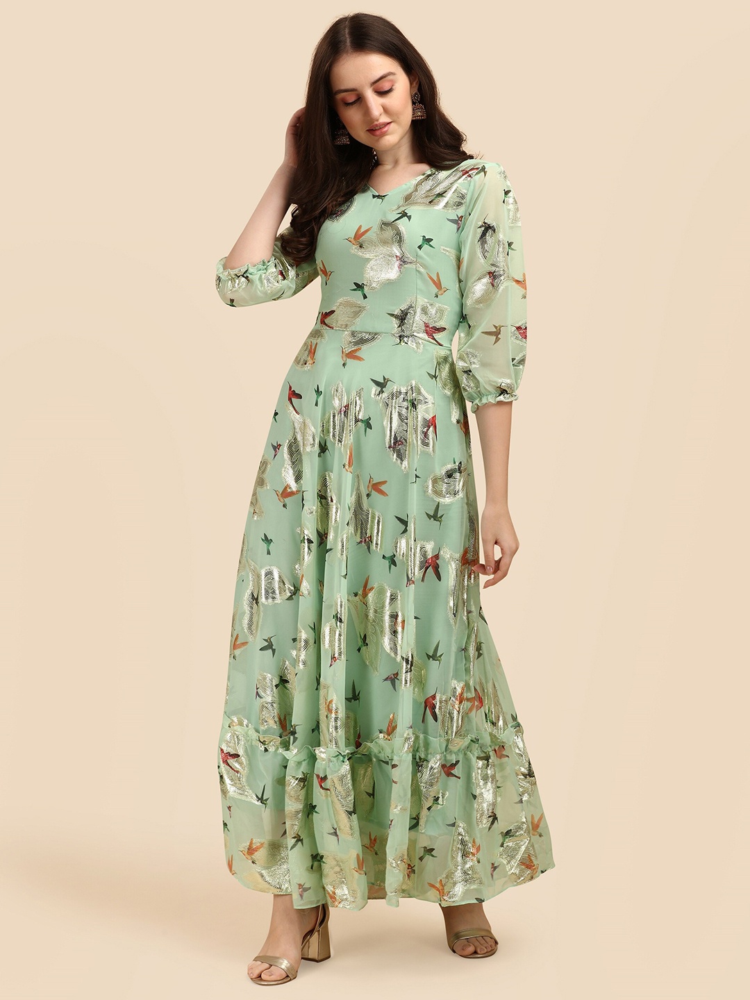 

Vidraa Western Store Multicoloured Floral Jacquard A-Line Dress, Multi
