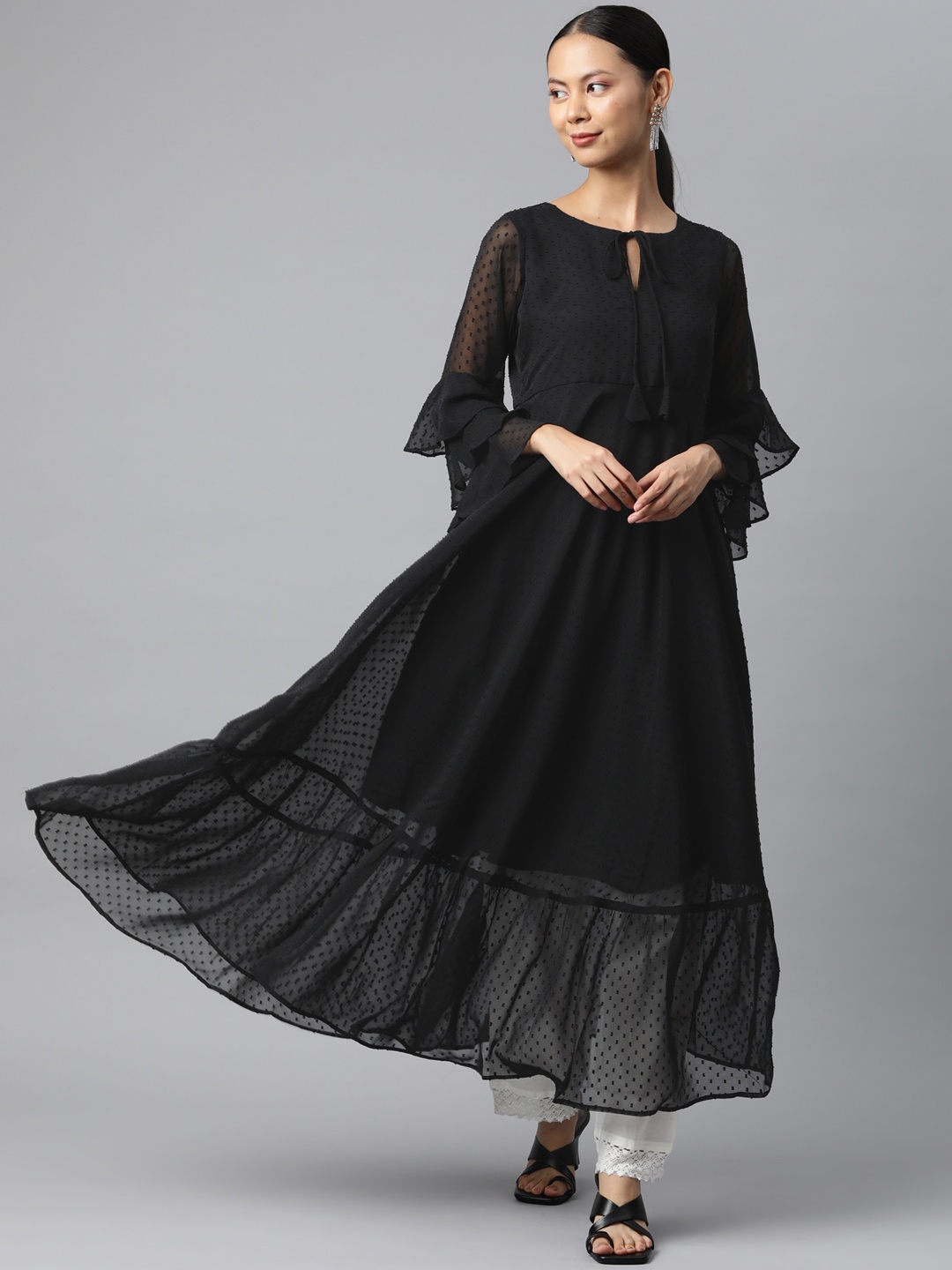 

MBE Women Black Dobby Weave Flared Sleeves Anarkali Kurta