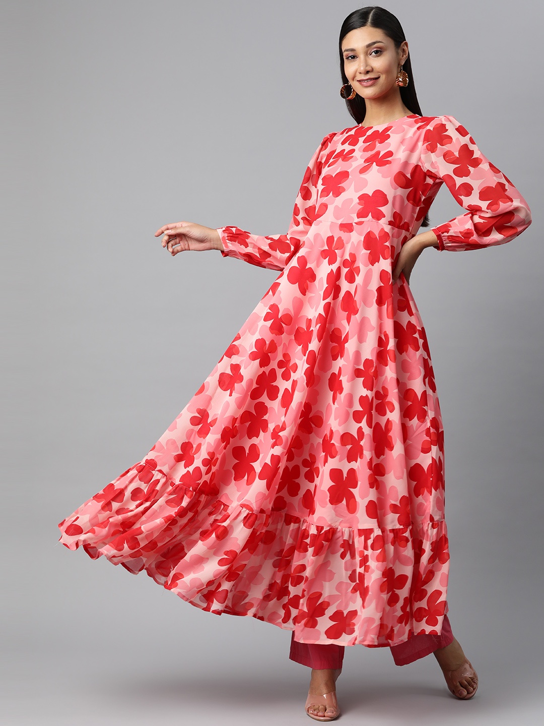 

MBE Women Pink & Red Floral Printed Georgette Kurta