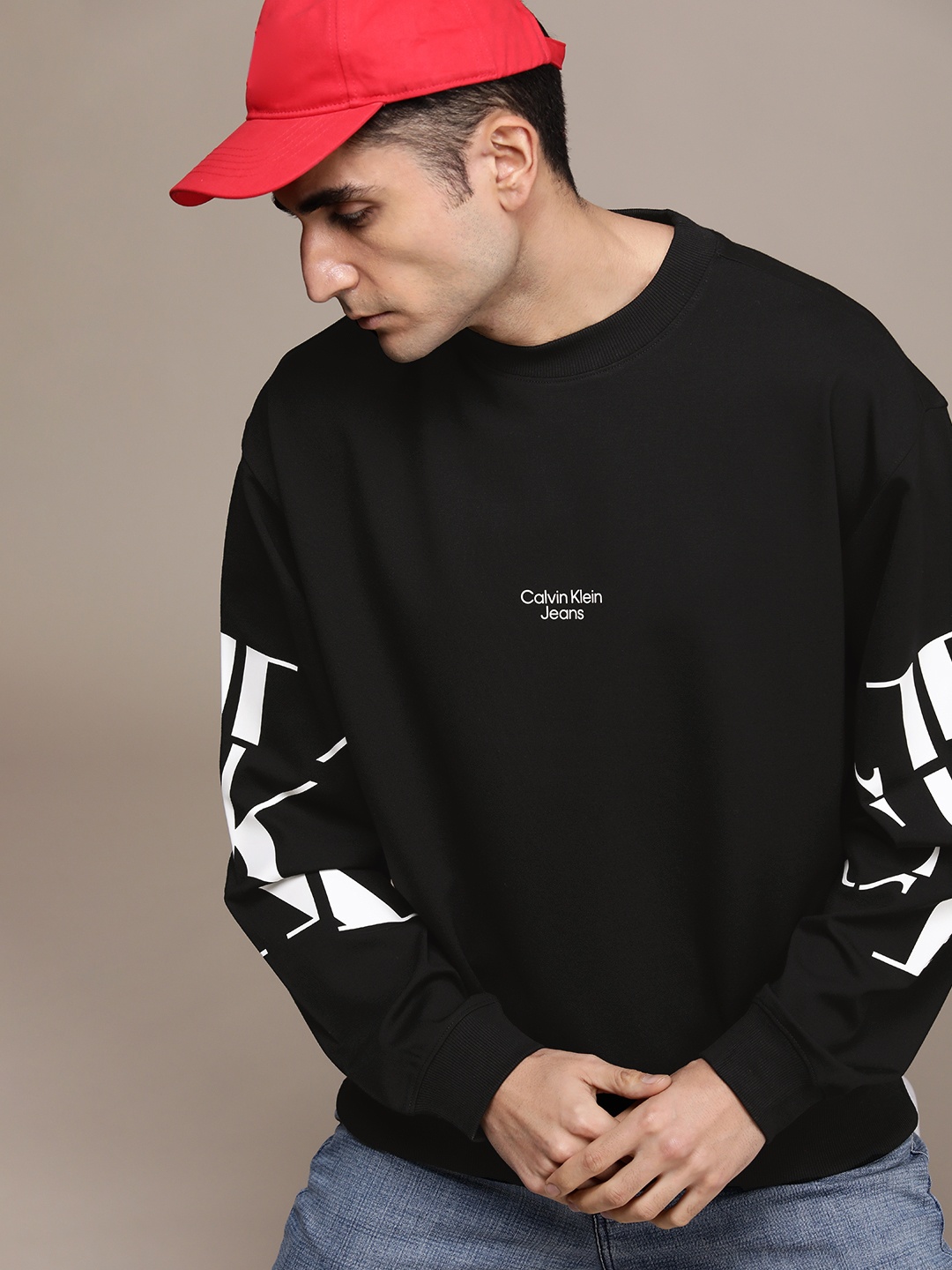 

Calvin Klein Jeans Men Black Brand Logo Printed Pullover Sweatshirt