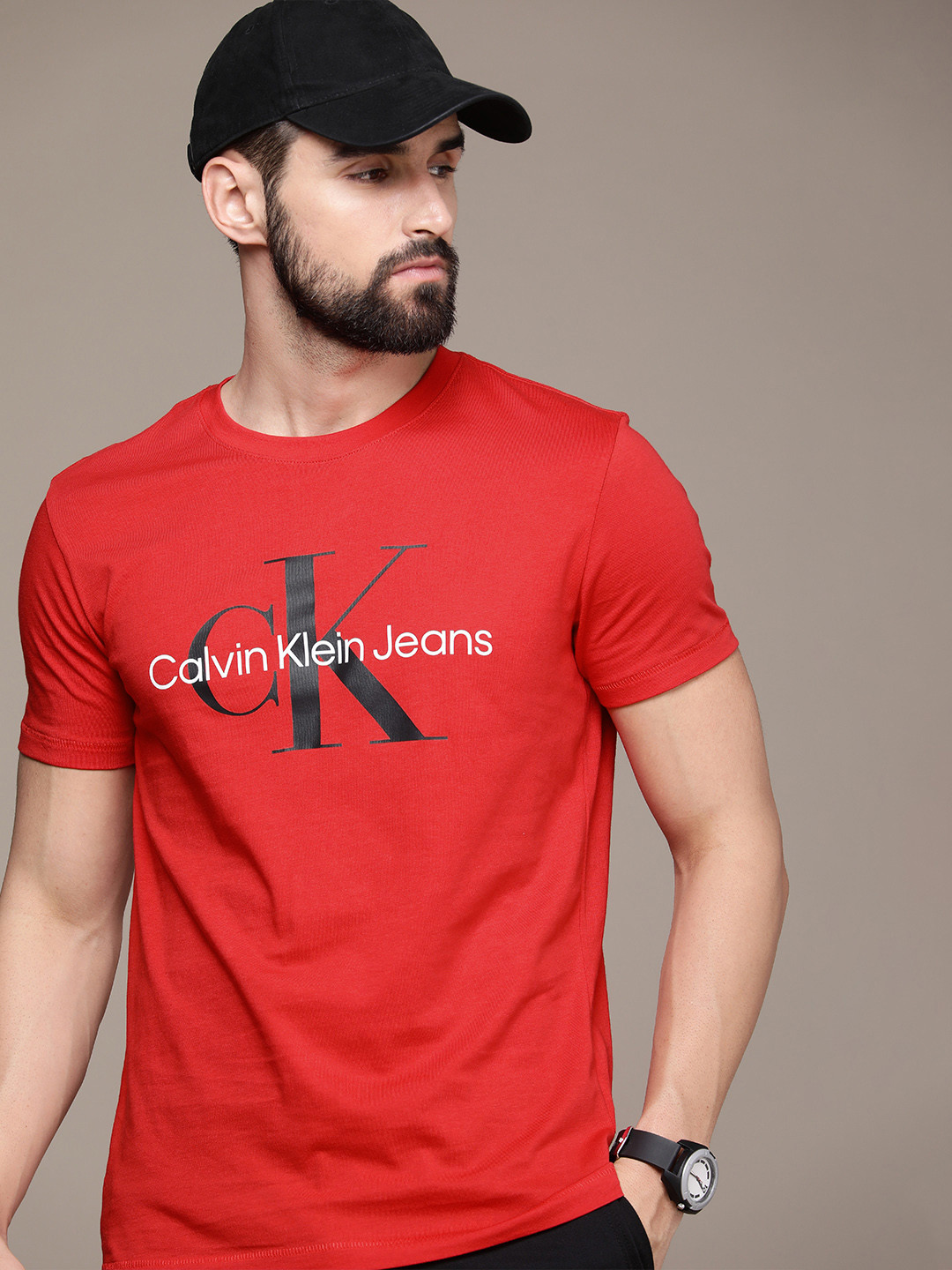 

Calvin Klein Jeans Men Red & Black Brand Logo Printed Pure Cotton Slim Fit T-shirt