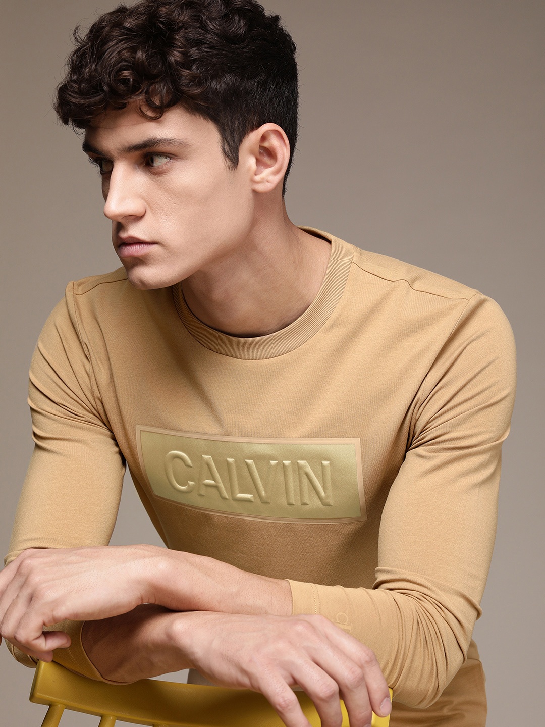 

Calvin Klein Jeans Men Camel Brown Brand Logo Printed Applique Slim Fit T-shirt