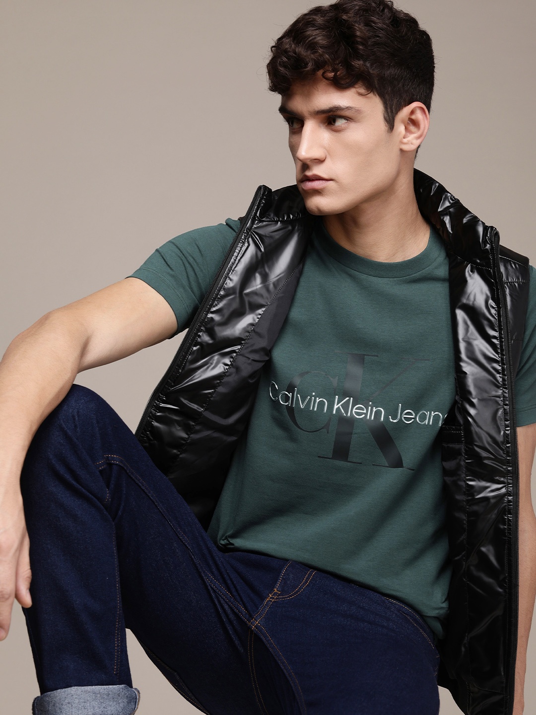 

Calvin Klein Jeans Men Teal Green Brand Logo Print & Applique Slim Fit T-shirt