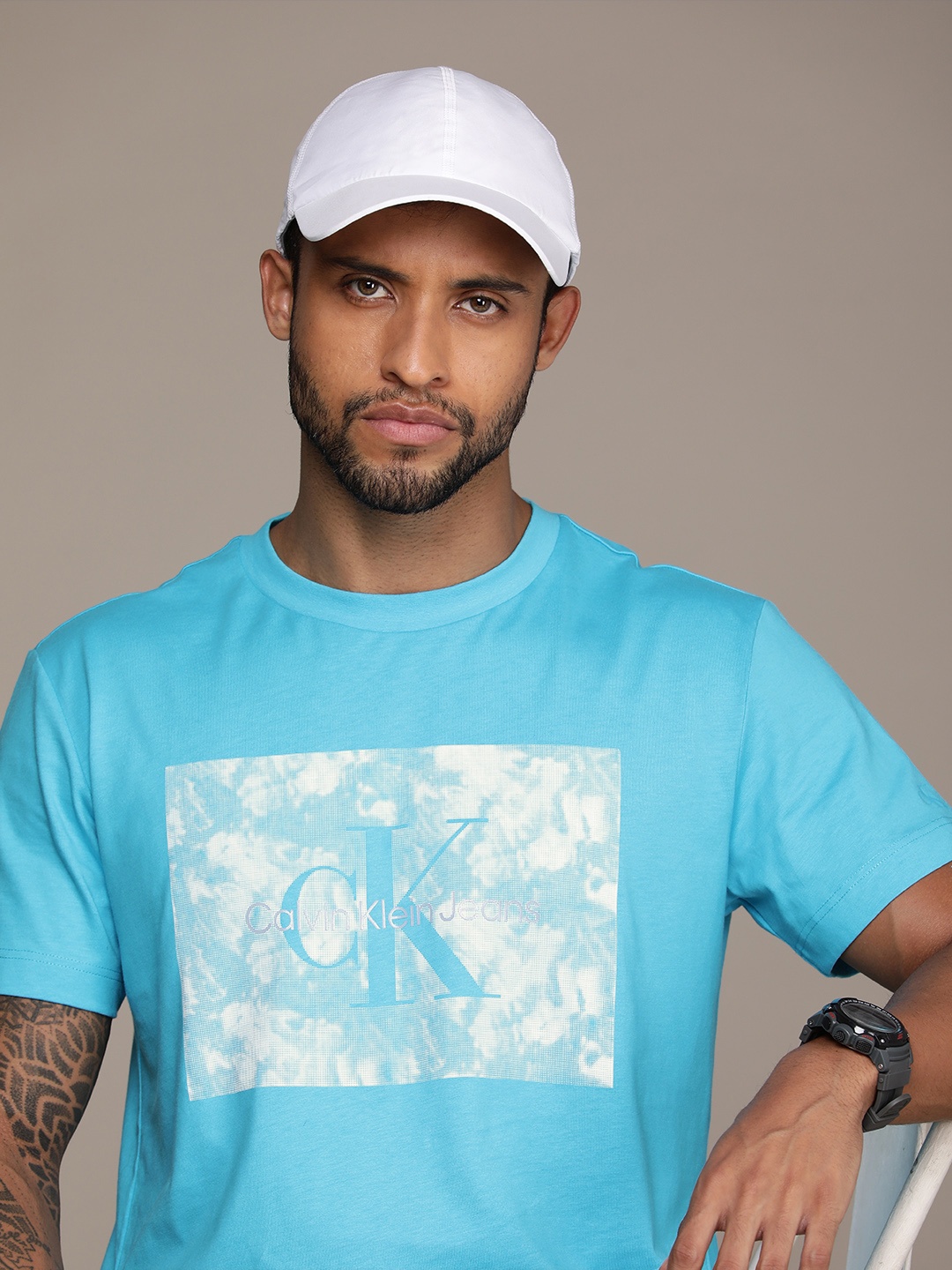 

Calvin Klein Jeans Men Sky Blue Brand Logo Printed Pure Cotton Casual T-shirt