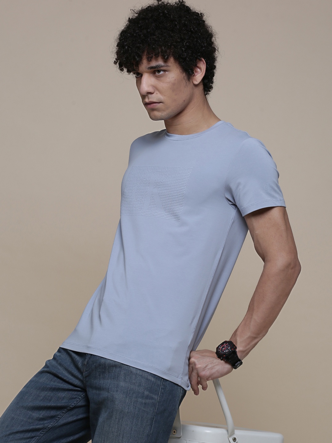 

Calvin Klein Jeans Men Blue Brand Logo Printed Applique Slim Fit T-shirt