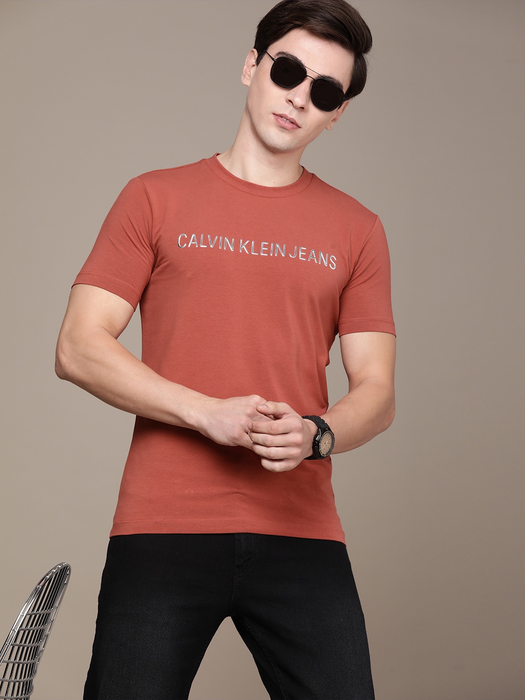 

Calvin Klein Jeans Men Rust Red Brand Logo Printed Applique Slim Fit T-shirt