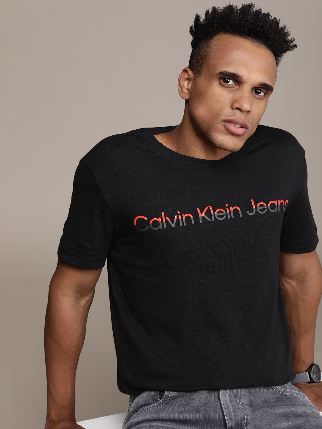 

Calvin Klein Jeans Men Black Brand Logo Printed Pure Cotton T-shirt