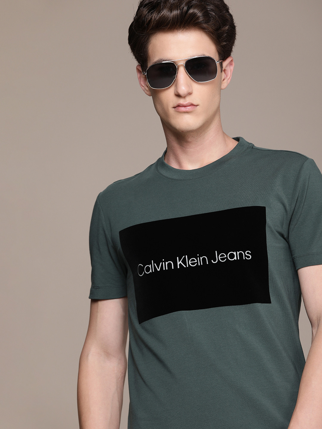 

Calvin Klein Jeans Men Teal Green Brand Logo Flock Slim Fit T-shirt