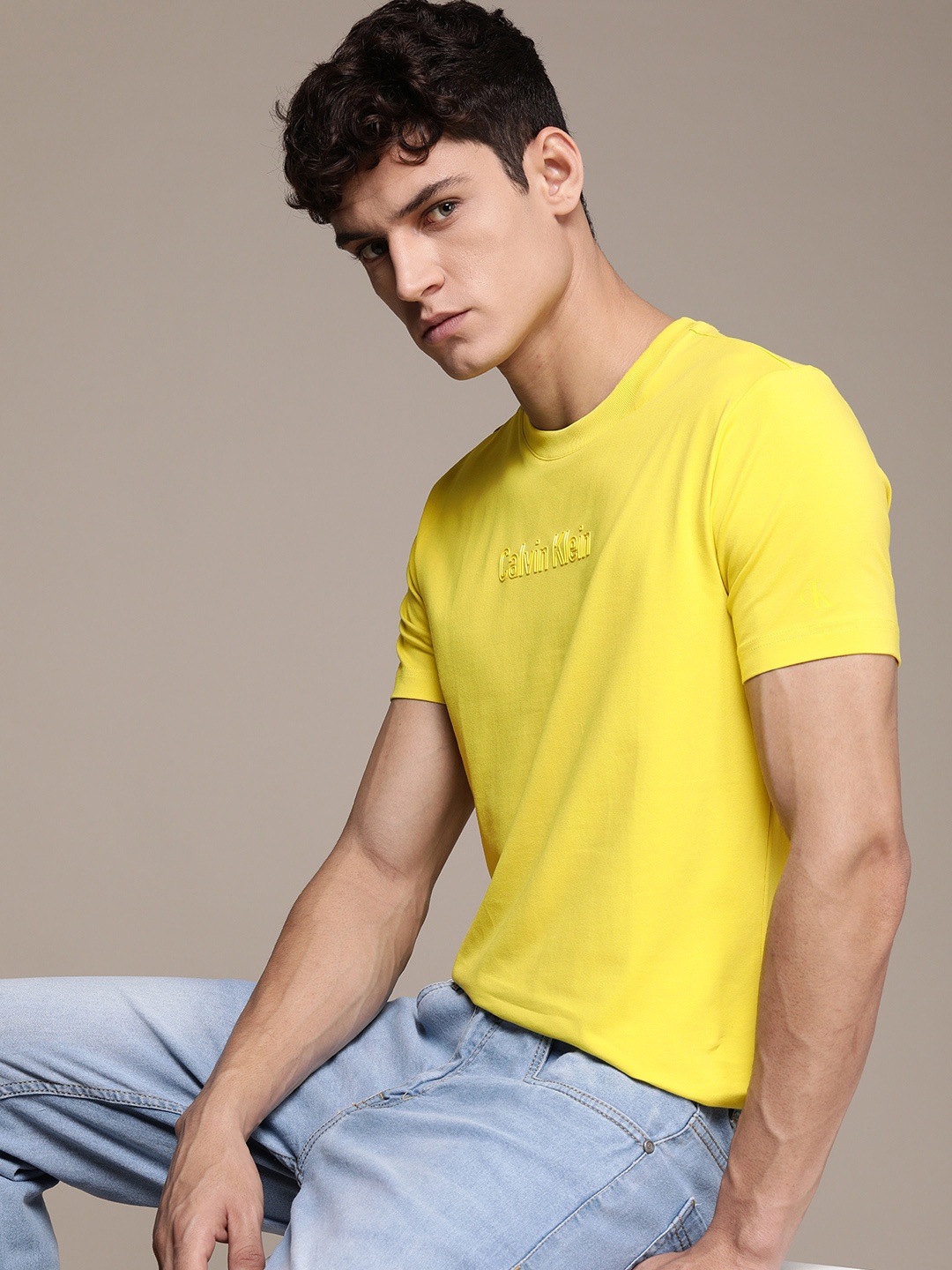 

Calvin Klein Jeans Men Yellow Applique Slim Fit Casual T-shirt