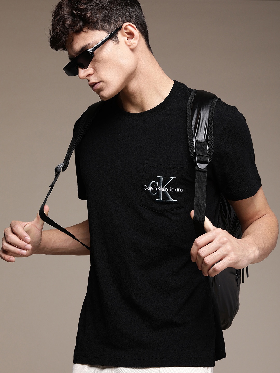 

Calvin Klein Jeans Men Black Brand Logo Embroidered Slim Fit Pure Cotton T-shirt