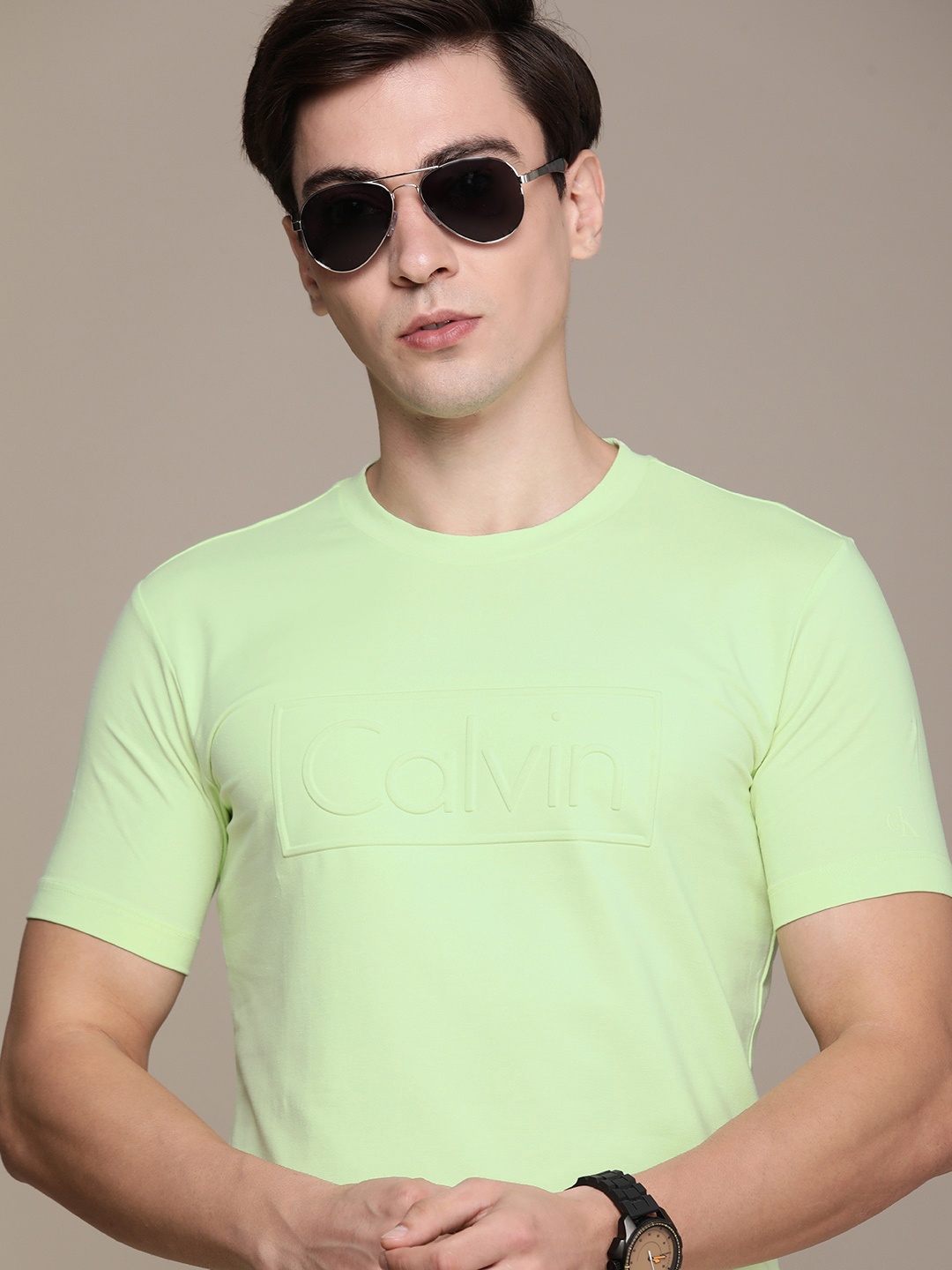 

Calvin Klein Jeans Men Lime Green Brand Logo Embossed T-shirt