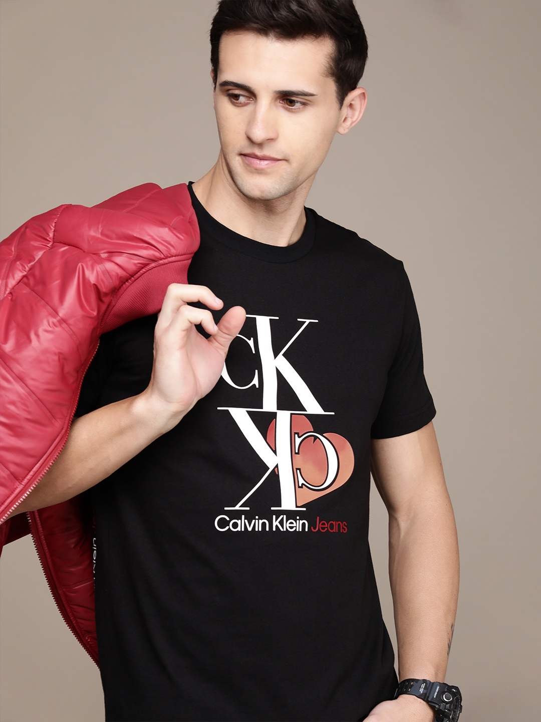 

Calvin Klein Jeans Men Black & White Brand Logo Printed Pure Cotton Slim Fit T-shirt