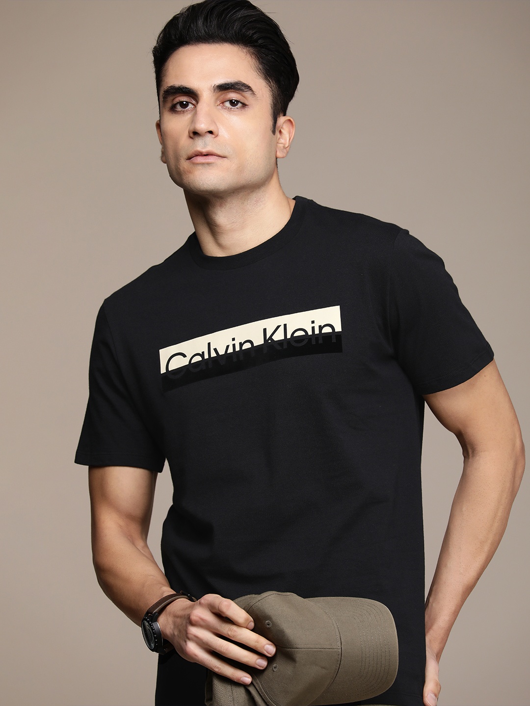 

Calvin Klein Jeans Men Black Brand Logo Printed Pure Cotton Slim Fit T-shirt