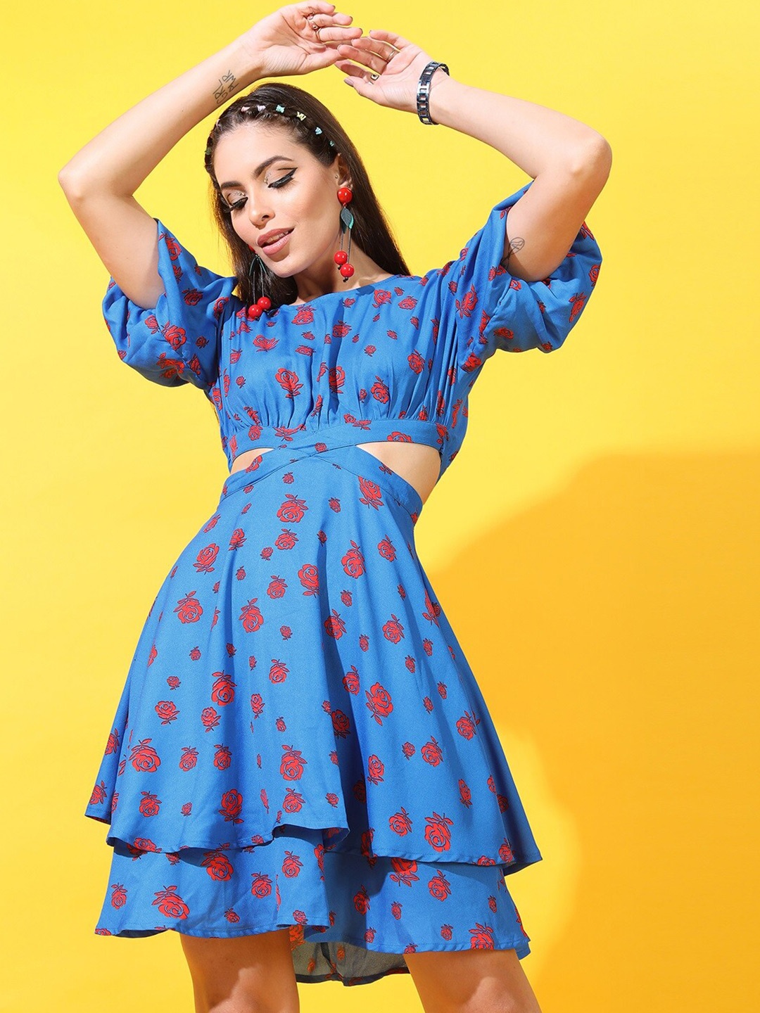 

Tokyo Talkies Blue Floral Tie-Up Neck Dress