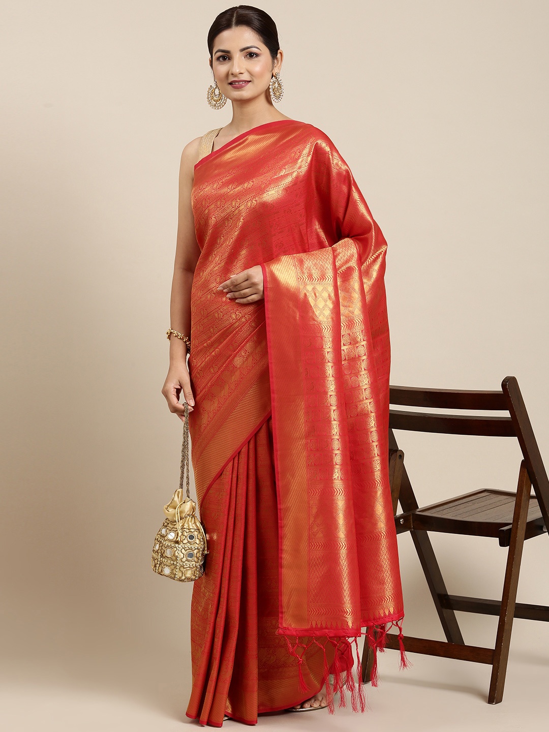 

SANGAM PRINTS Red Ethnic Motifs Pure Silk Saree