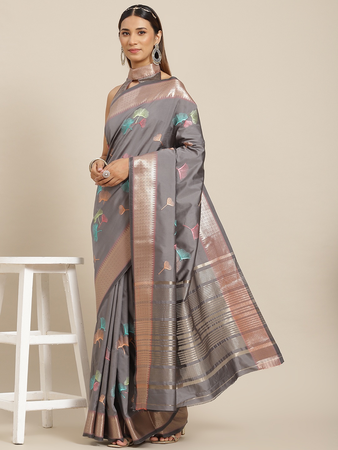 

Mitera Grey & Blue Floral Woven Baluchari Saree