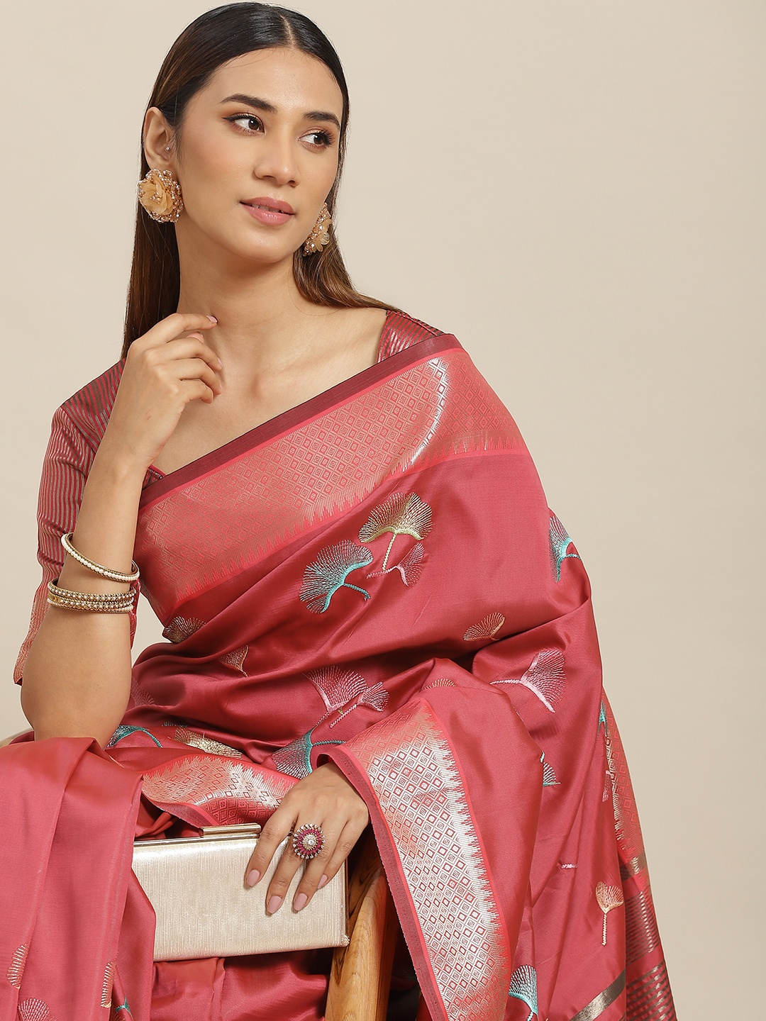 

Mitera Pink & Blue Floral Embroidered Baluchari Saree