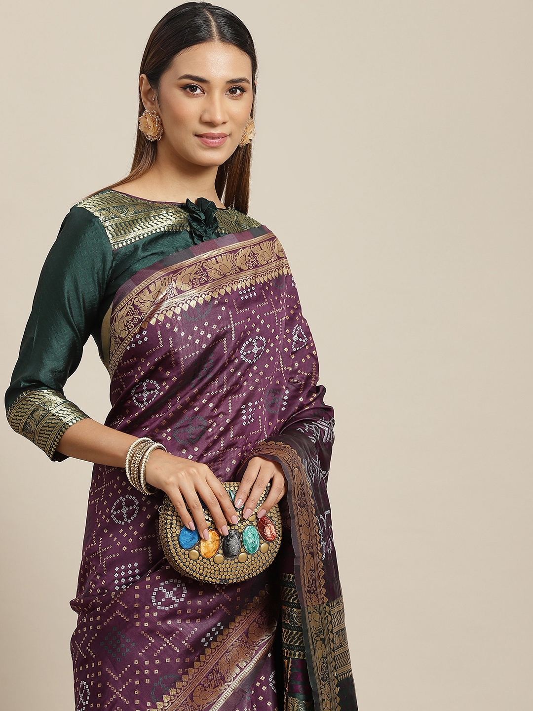 

Mitera Purple & White Silk Cotton Bandhani Saree