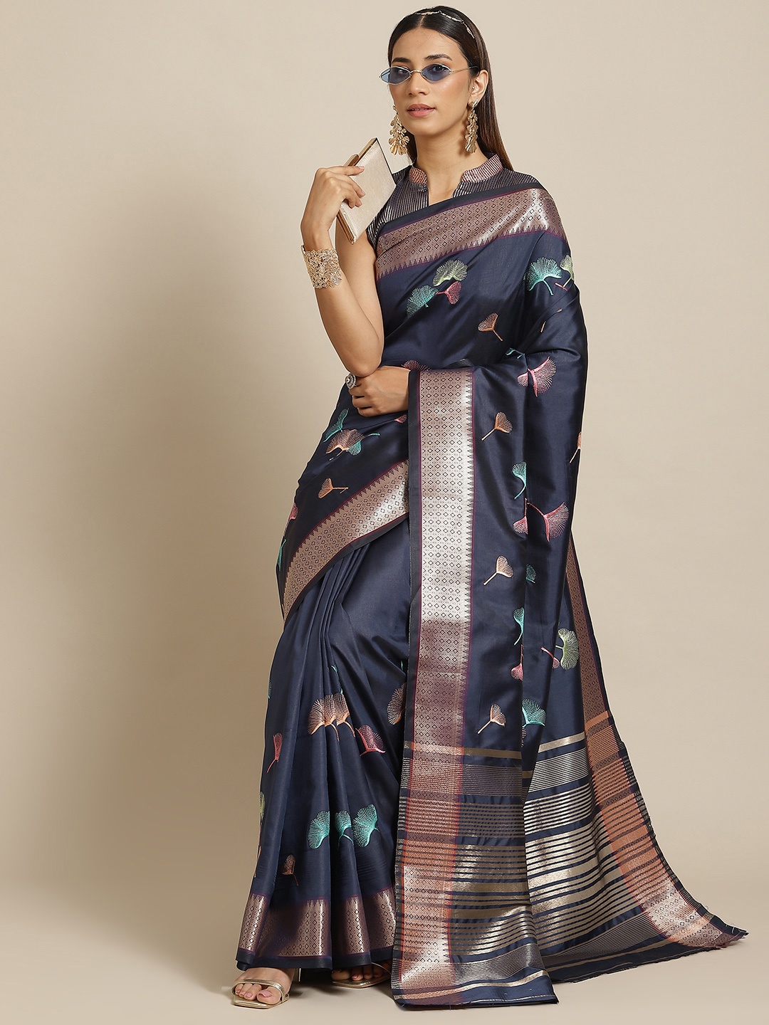 

Mitera Blue & Green Floral Woven Baluchari Saree