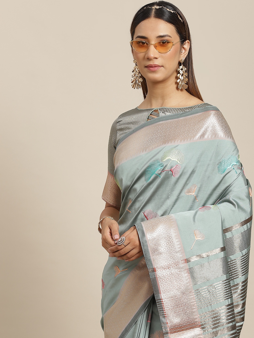 

Mitera Turquoise Blue & Pink Floral Embroidered Baluchari Saree