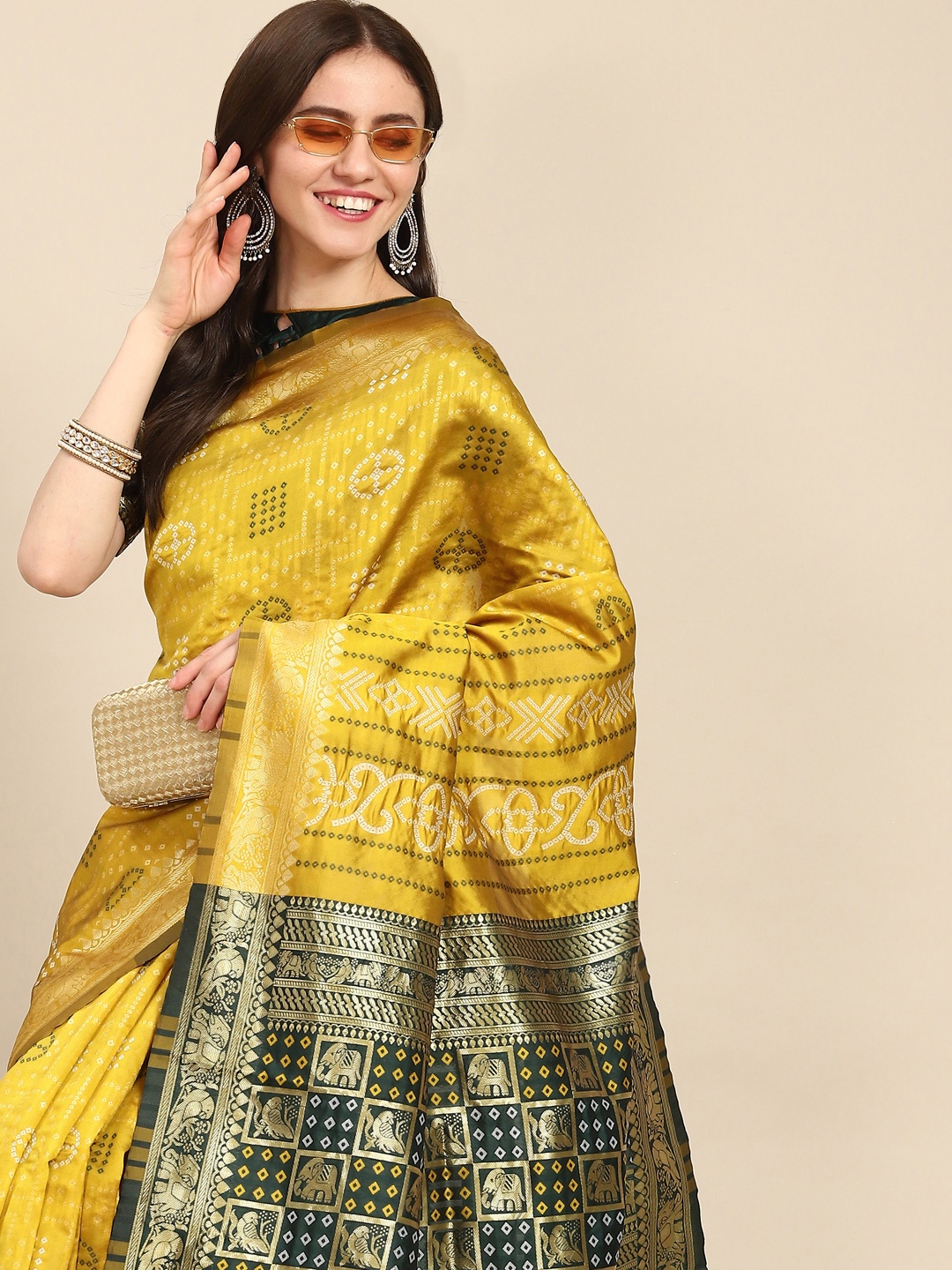 

Mitera Yellow & Olive Green Bandhani Silk Cotton Ready to Wear Bandhani Saree