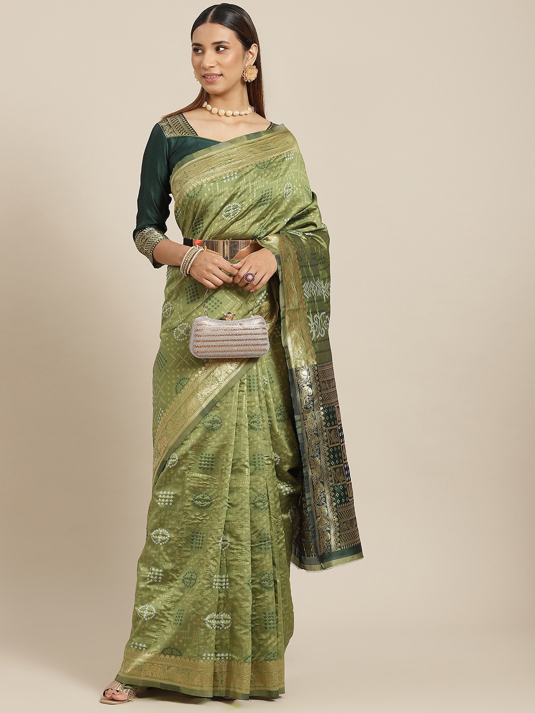 

Mitera Olive Green & White Silk Cotton Bandhani Saree