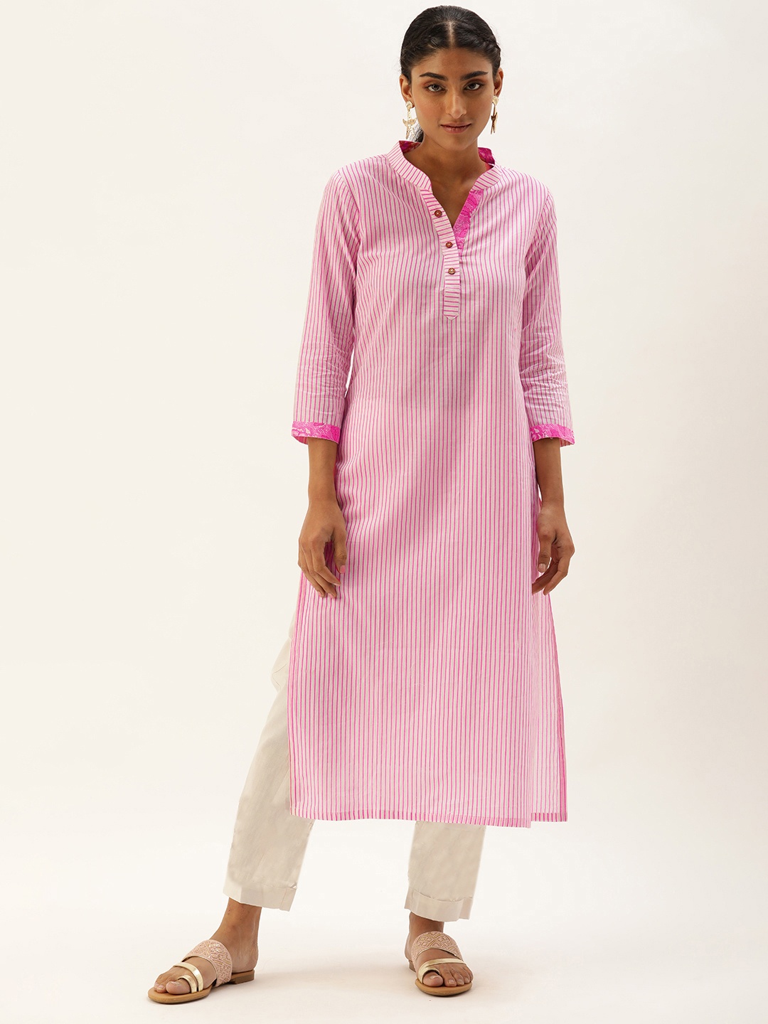 

Saanjh Women Pink & White Cotton Striped Kurta