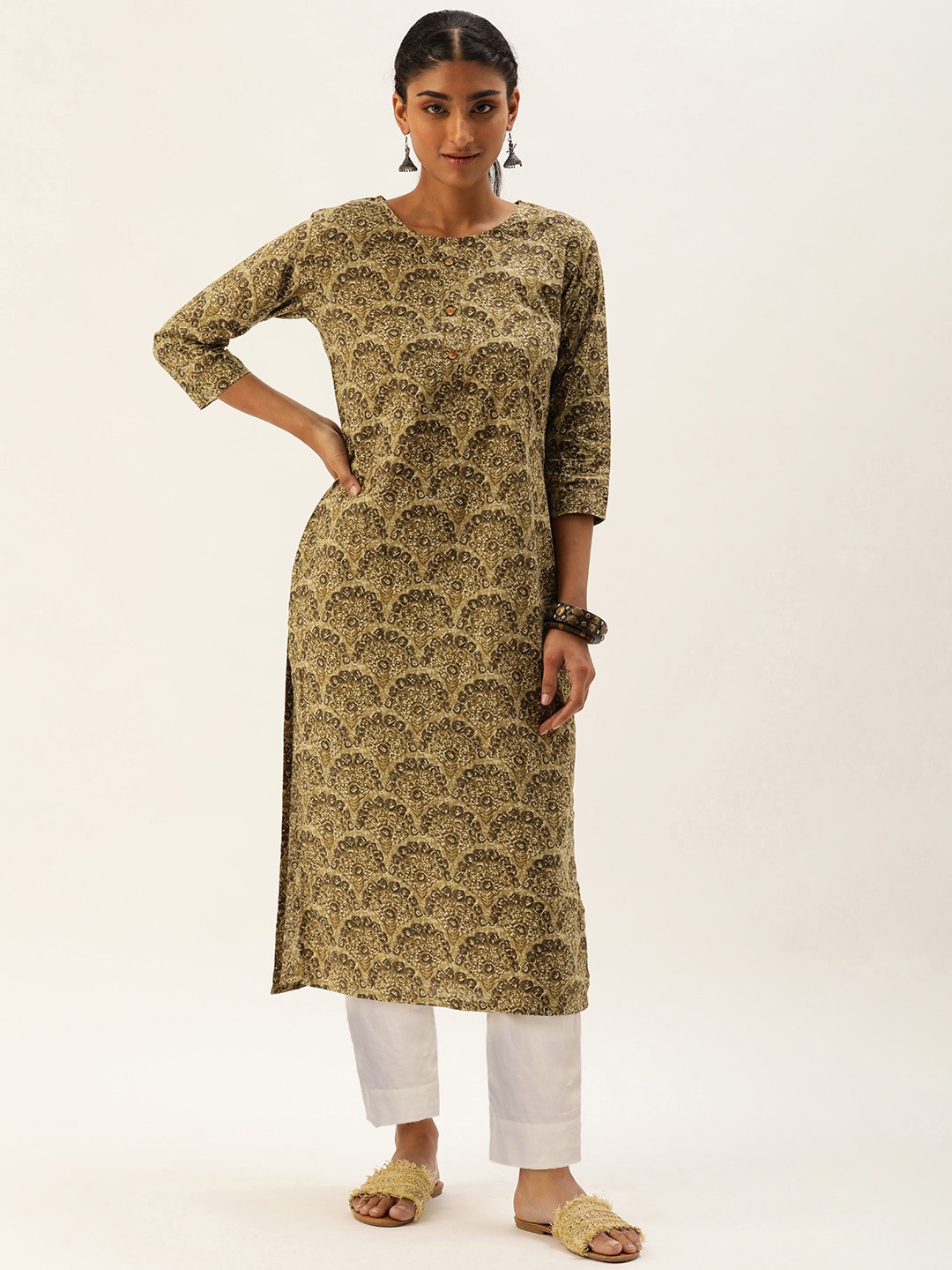 

Saanjh Women Olive Green & Off White Pure Cotton Printed Kurta