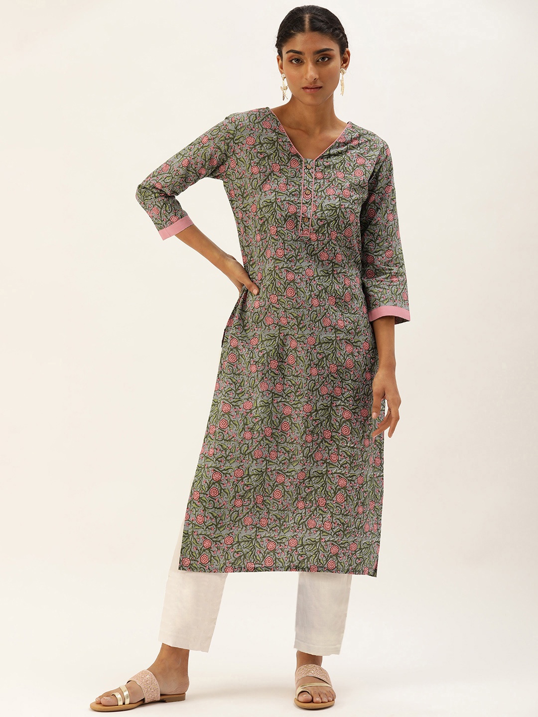 

Saanjh Women Grey & Pink Cotton Floral Print Kurta