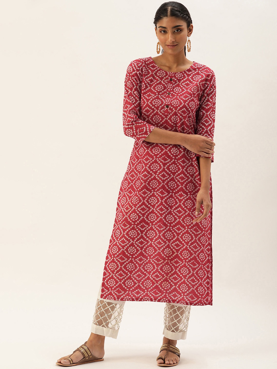 

Saanjh Women Red & Off White Pure Cotton Bandhani Print Kurta