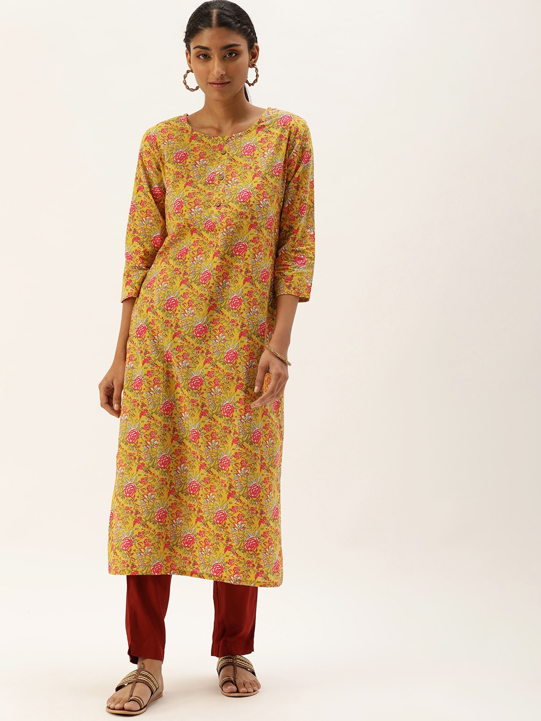 

Saanjh Women Yellow & Pink Cotton Floral Print Kurta