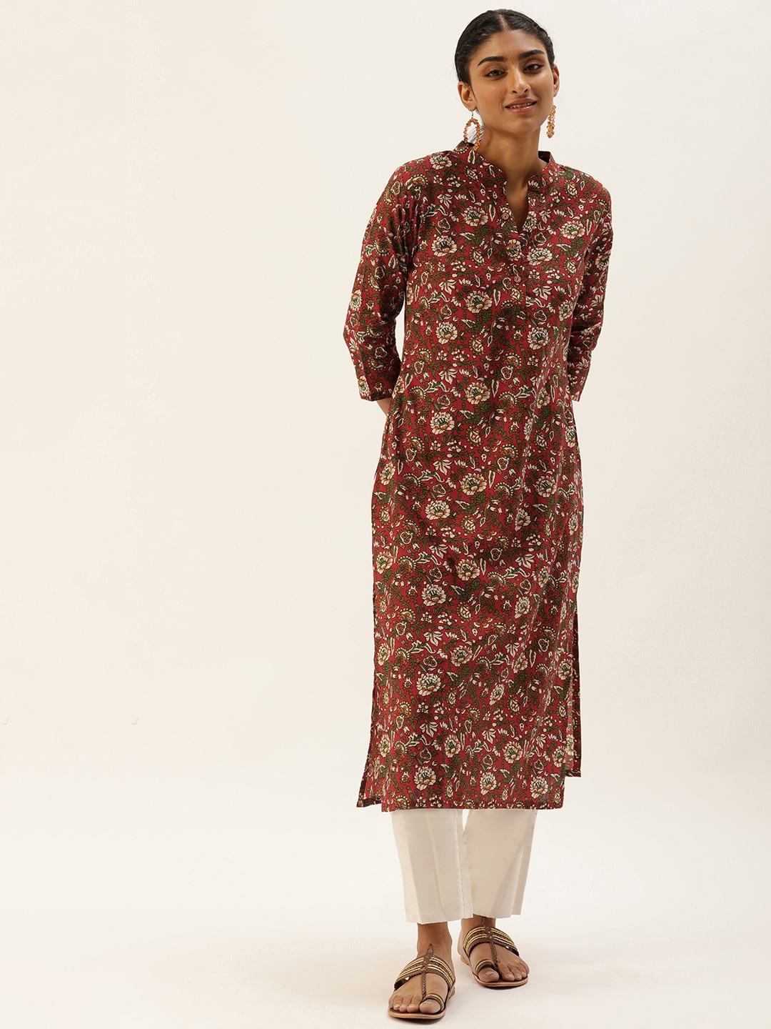 

Saanjh Women Maroon & Off White Pure Cotton Floral Print Kurta