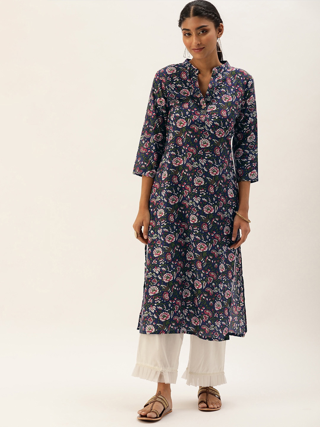 

Saanjh Women Navy Blue & Pink Pure Cotton Floral Print Kurta