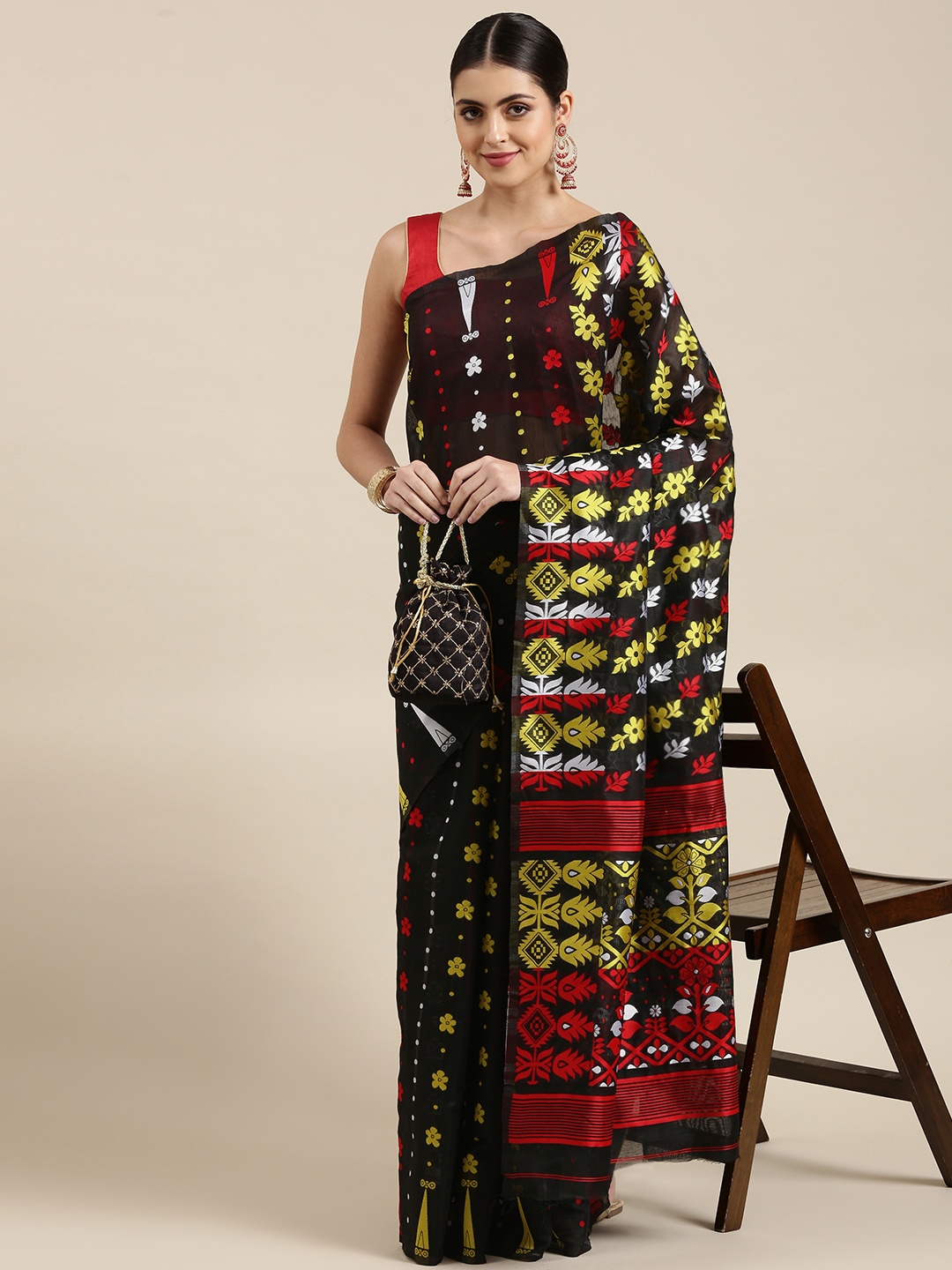 

KALINI Black & Yellow Woven Design Silk Cotton Jamdani Saree