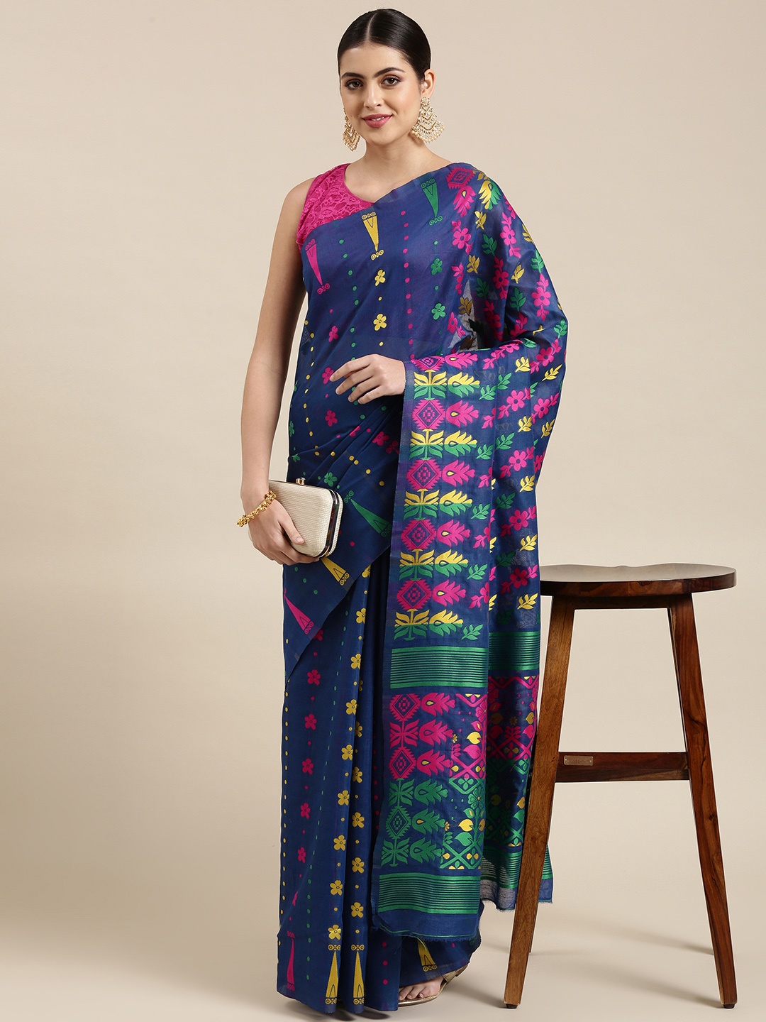 

KALINI Navy Blue & Pink Ethnic Motifs Silk Cotton Jamdani Saree