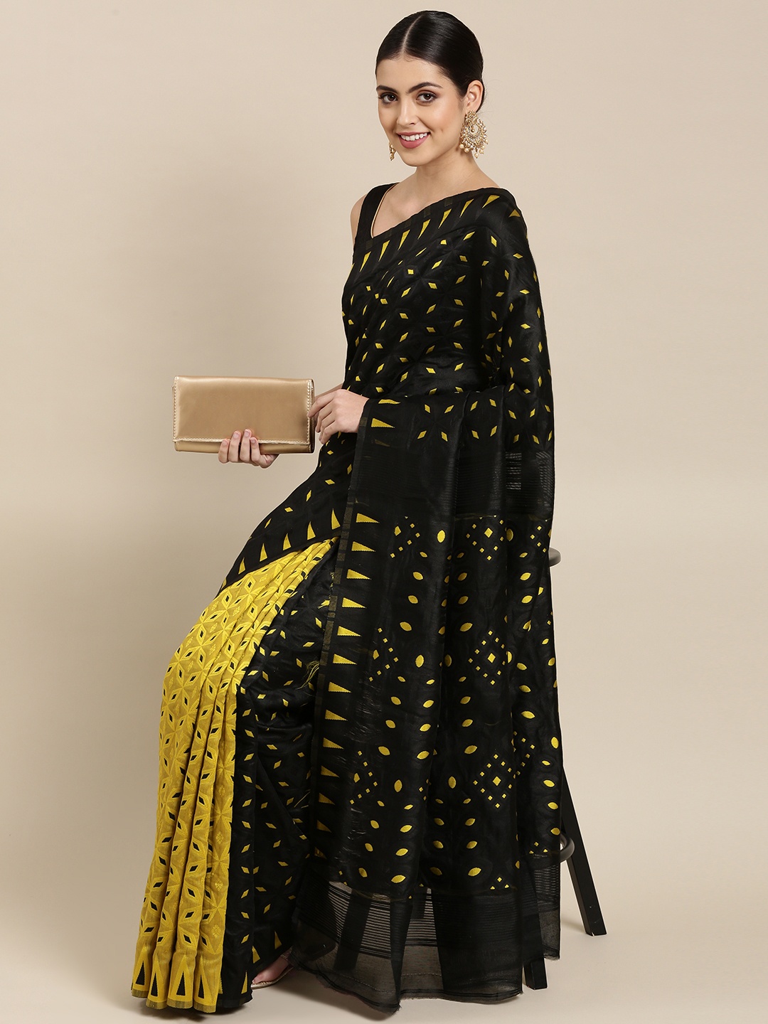 

KALINI Black & Yellow Ethnic Motifs Silk Cotton Jamdani Saree