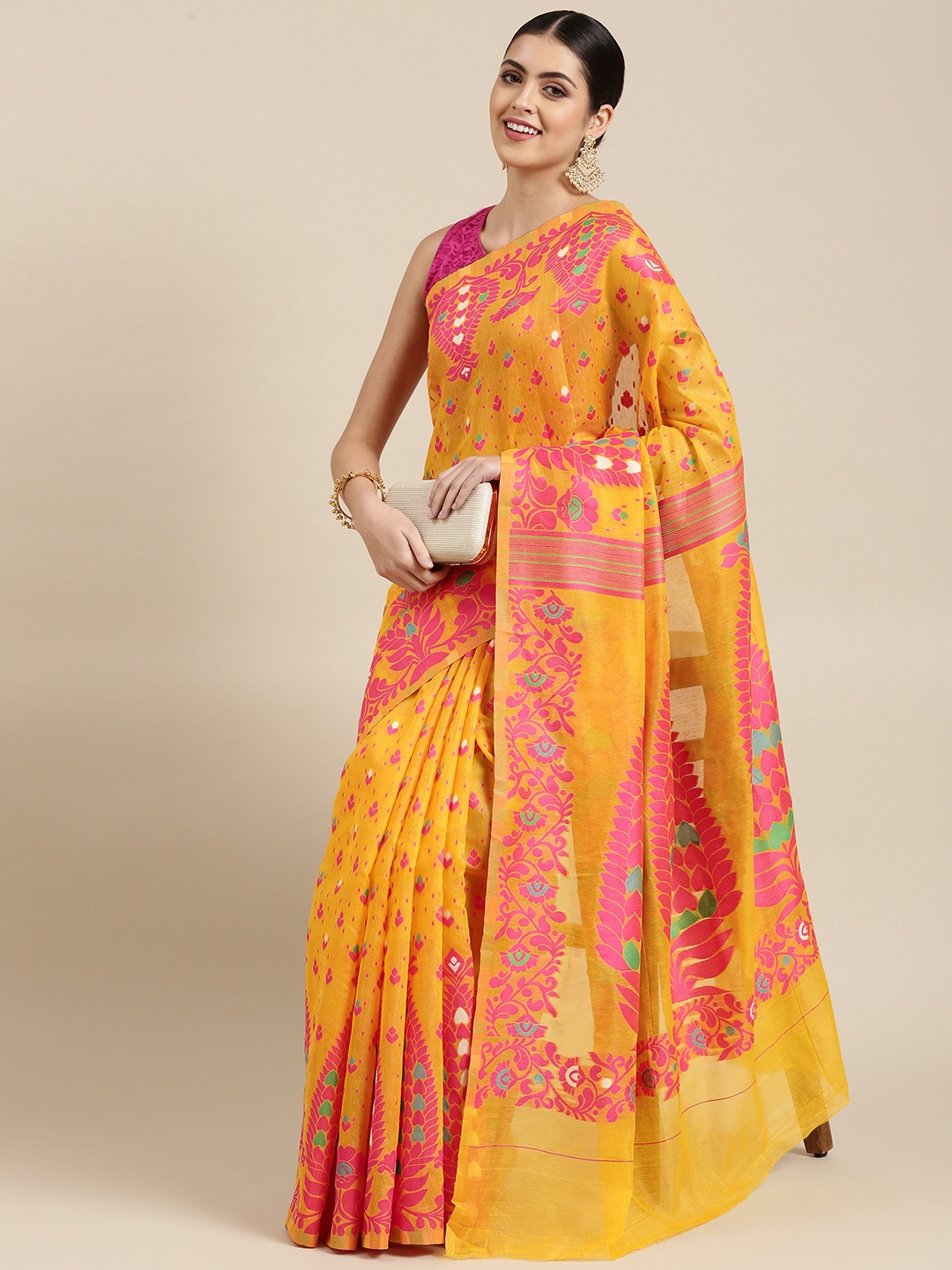 

KALINI Yellow & Pink Ethnic Motifs Silk Cotton Jamdani Saree