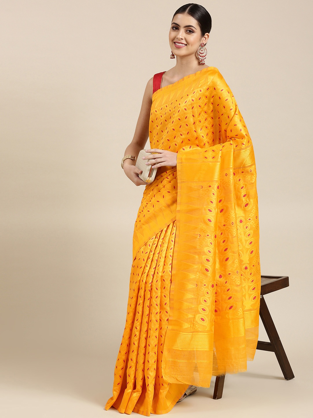 

KALINI Yellow & Red Ethnic Motifs Silk Cotton Jamdani Saree