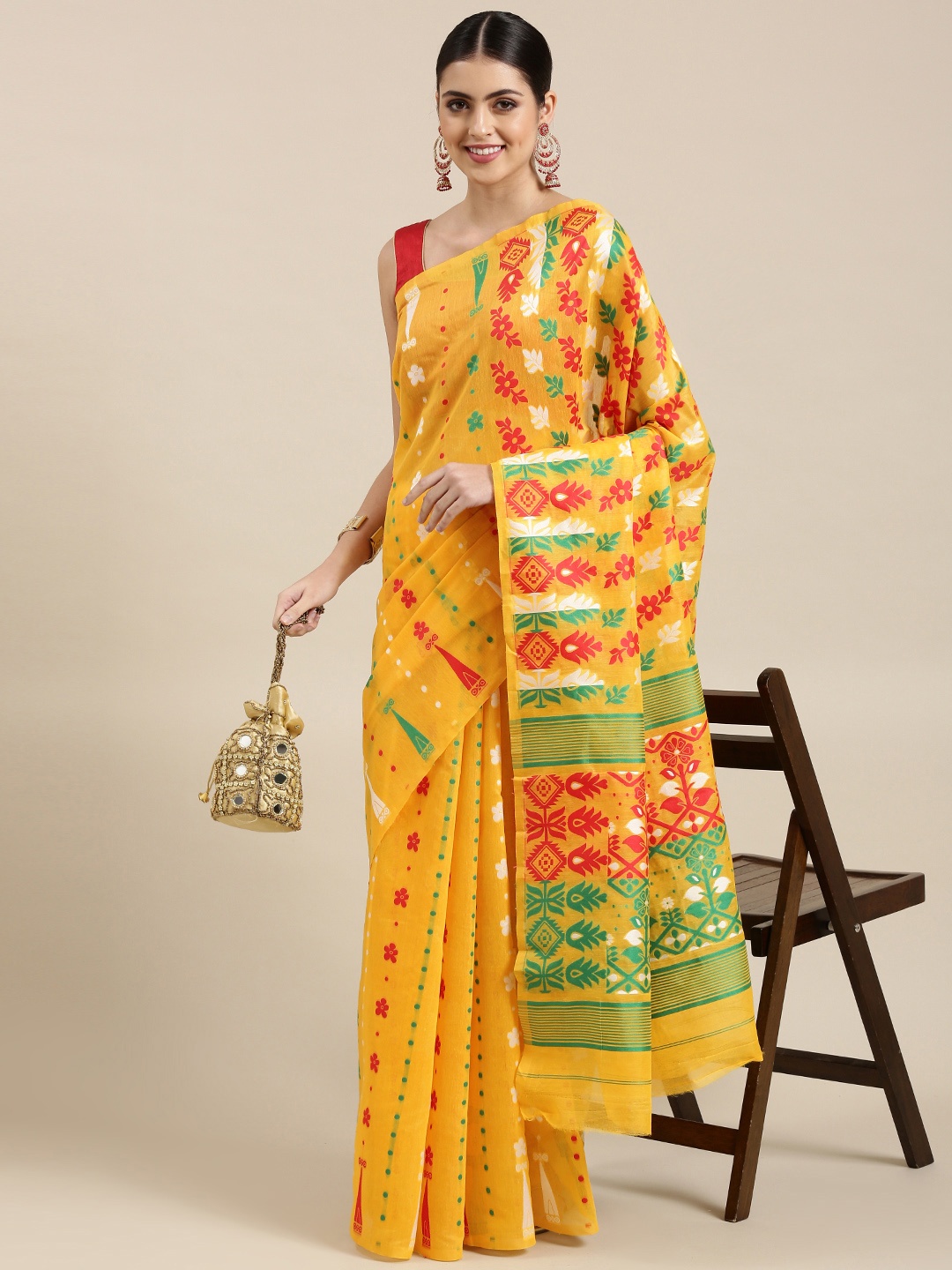 

KALINI Yellow & Green Woven Design Silk Cotton Jamdani Saree