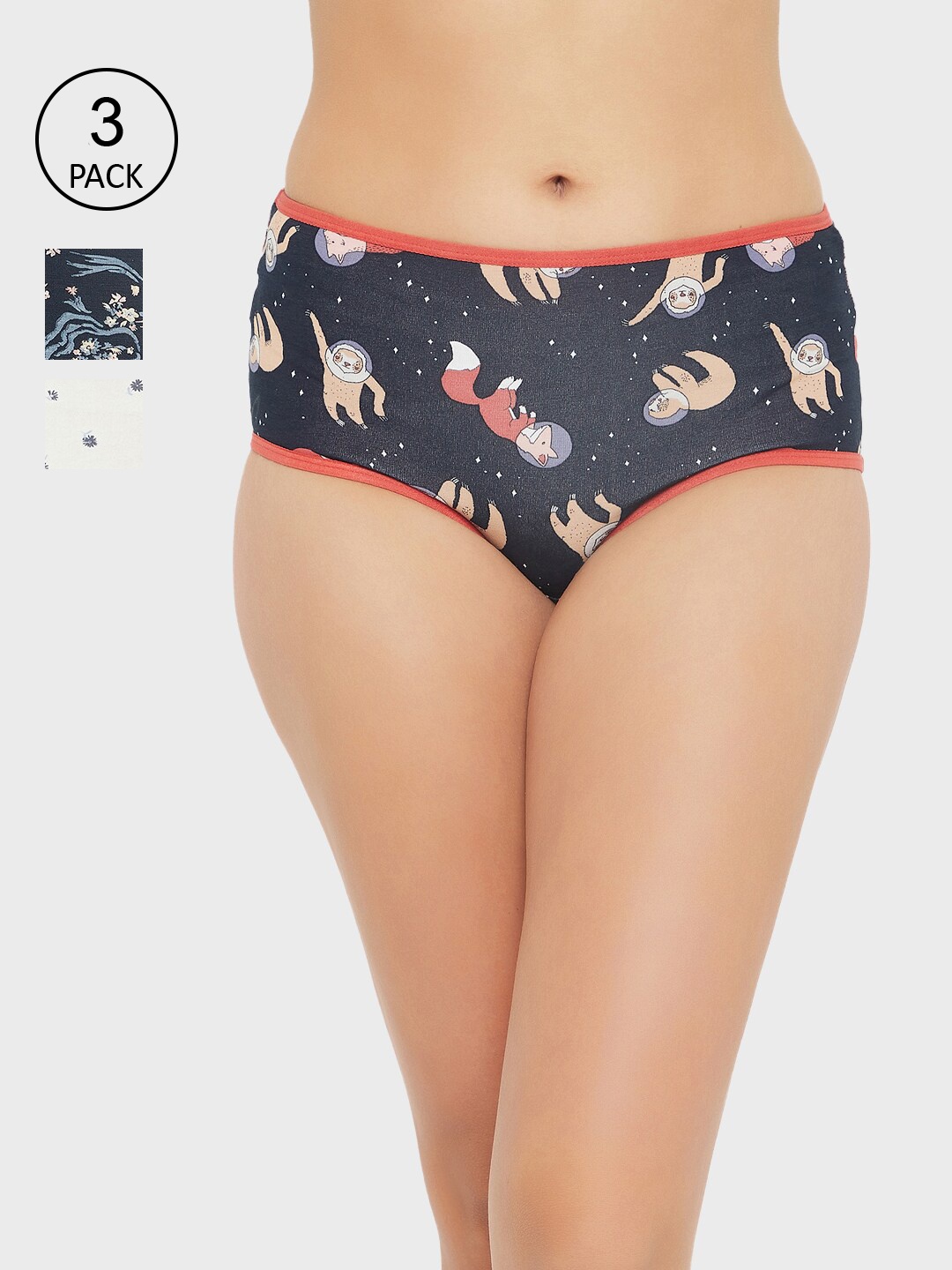 

Clovia Women Pack Of 3 Printed Cotton Hipster Briefs, Blue
