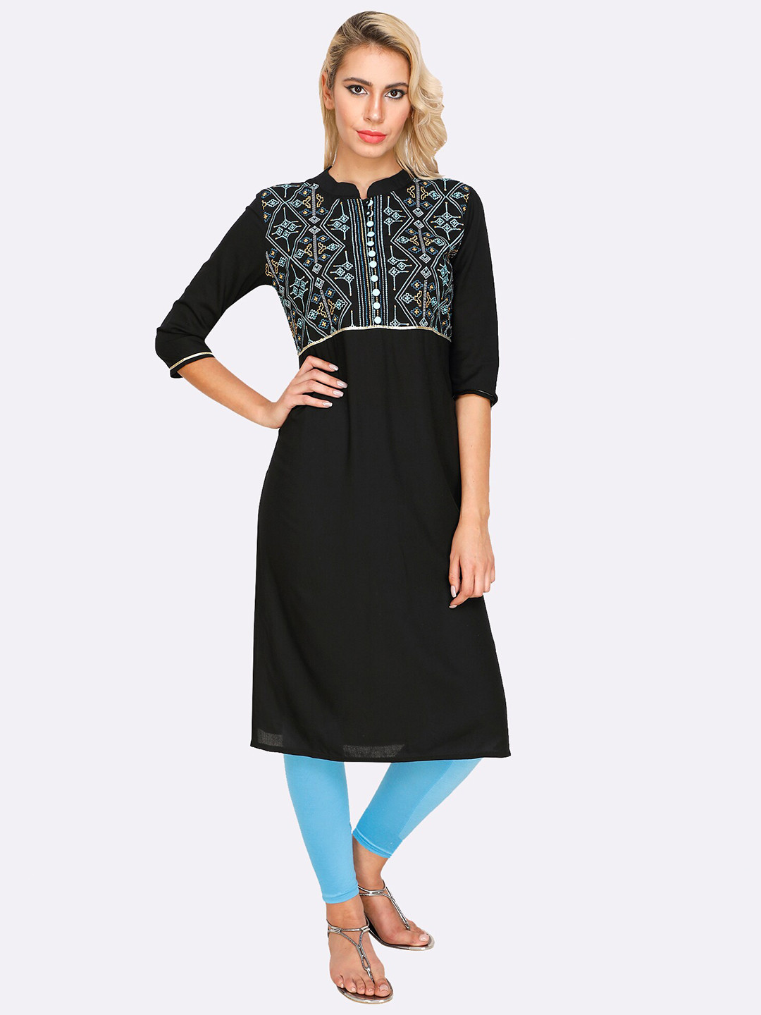 

shashvi Black Geometric Embroidered Thread Work Thread Work Kurti