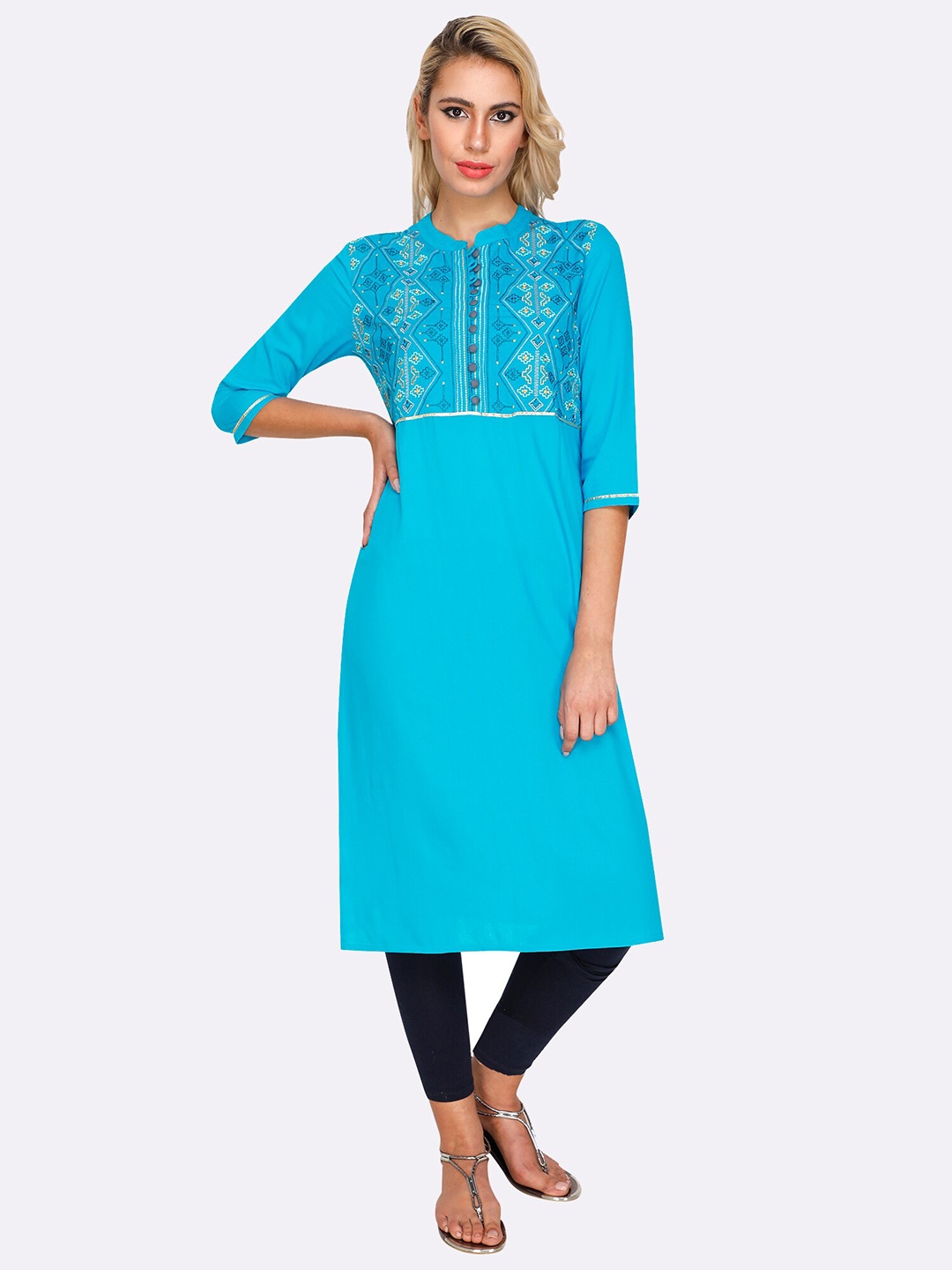 

shashvi Women Turquoise Blue Geometric Embroidered Kurta