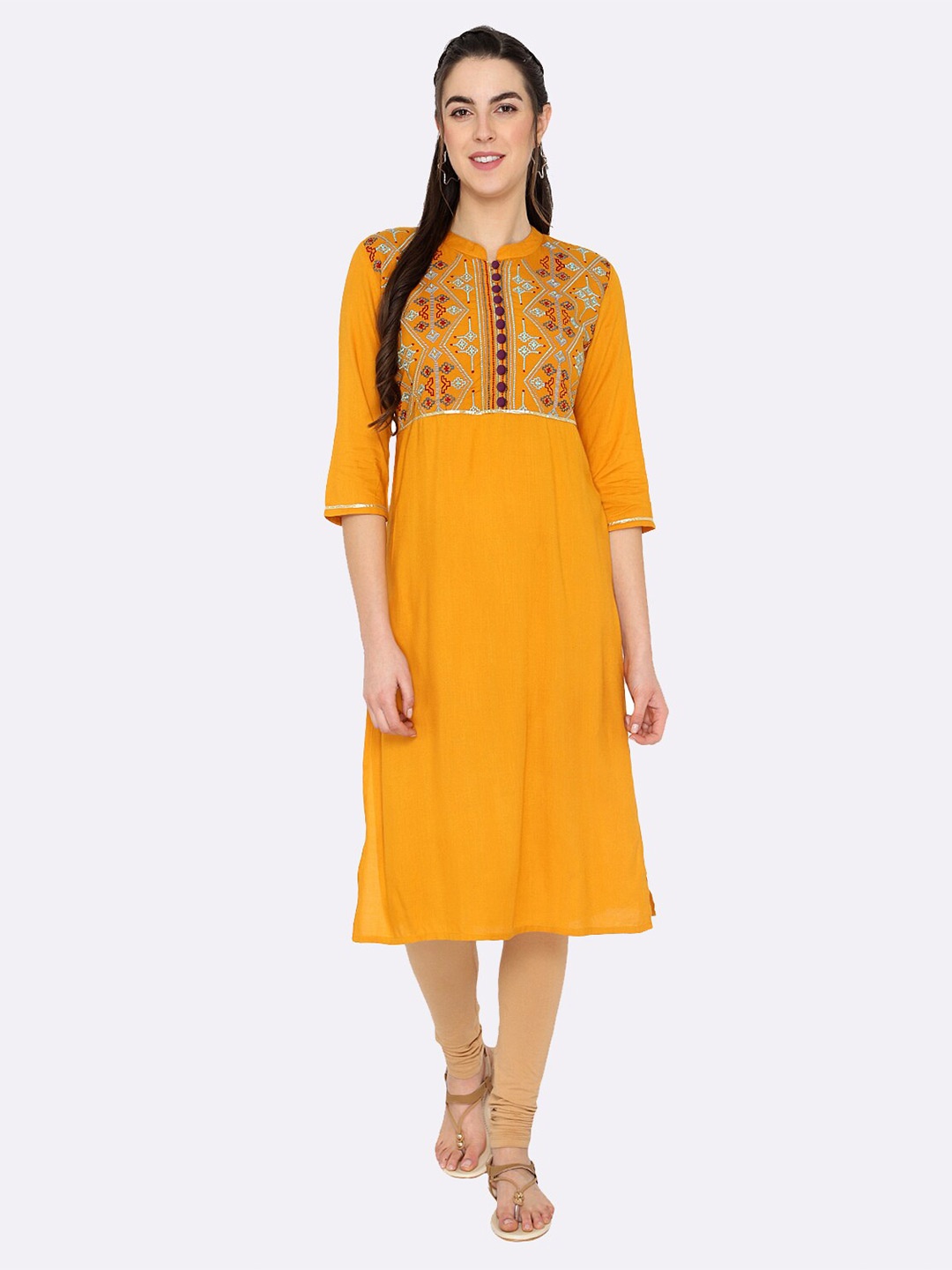 

shashvi Women Yellow & Red Geometric Embroidered Thread Work Kurta