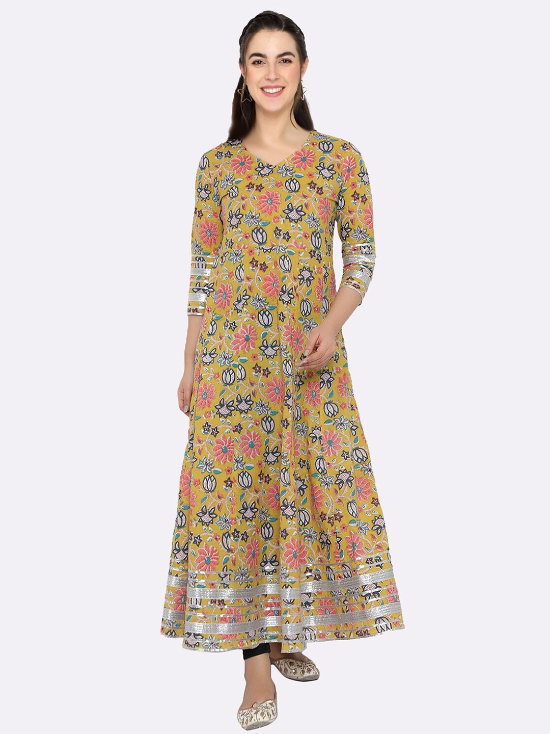 

shashvi Women Mustard Yellow & Pink Floral Printed Floral Anarkali Kurta