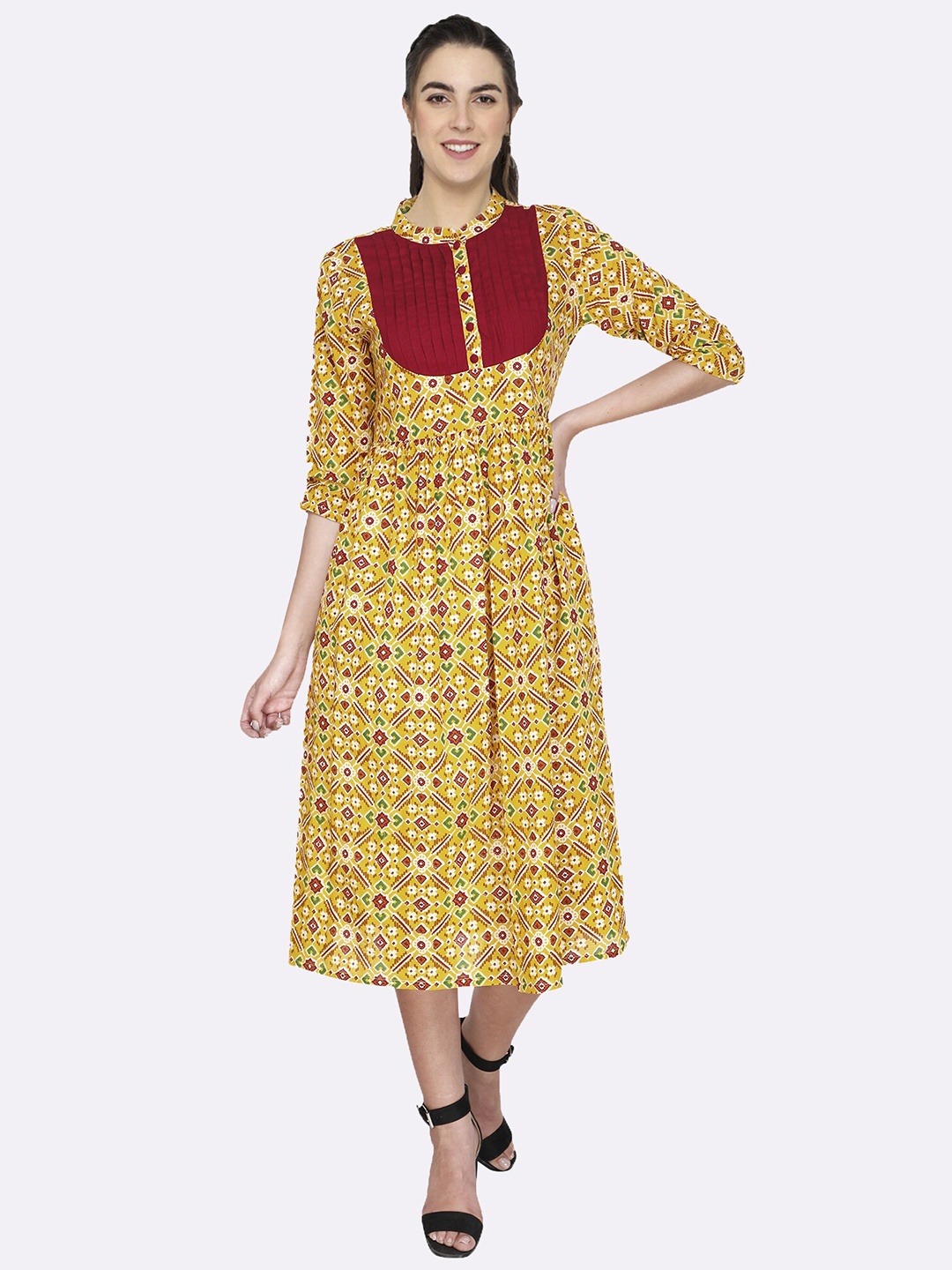 

shashvi Yellow & Maroon Floral Printed Pure Cotton Kurti