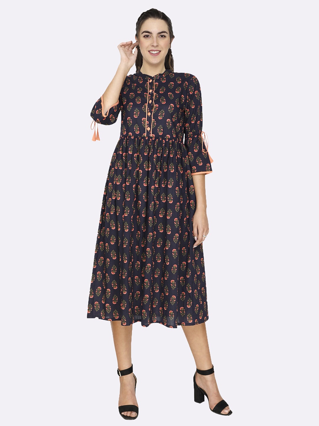 

shashvi Blue & Coral Floral Printed Dress