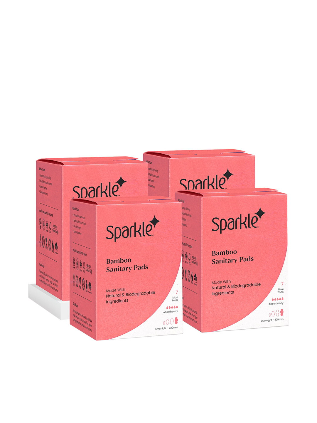 

Sparkle Set of 4 Cruelty-Free & Vegan Overnight Bamboo Sanitary Pads - 7 Maxi Pads Each, Pink