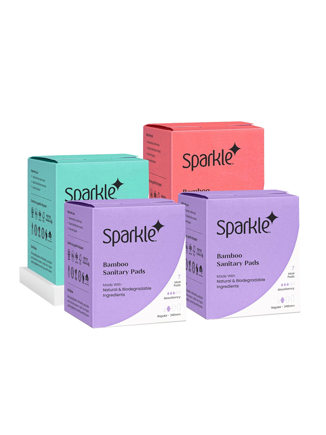 

Sparkle Pack of 4 Bamboo Sanitary Pads- Regular 240mm, Large 280mm & Overnight 320mm, White