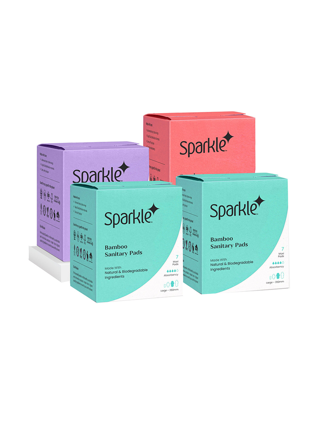 

Sparkle Set of 4 Bamboo Sanitary Pads 7 Pcs Each - 2 Large + 1 Overnight + 1 Regular, Blue